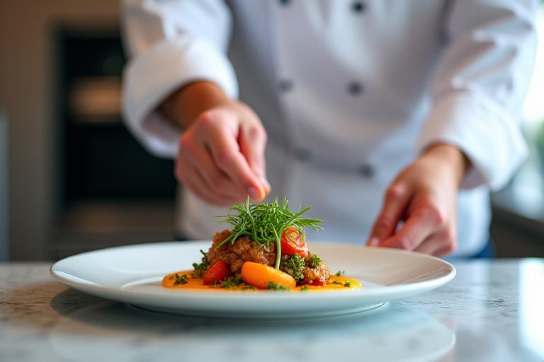 A private chef meticulously plating a gourmet meal on a stylish dish in a modern home kitchen.