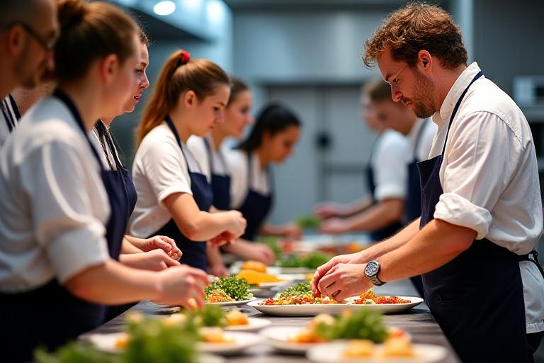 Guests participating in a hands-on gastronomic workshop, intently watching a chef prepare food.