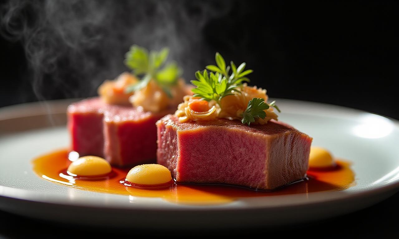 Close-up of the signature A5 Wagyu Striploin dish, exquisitely plated with geometric precision.